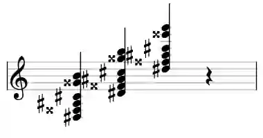 Sheet music of D# 7#11b13 in three octaves